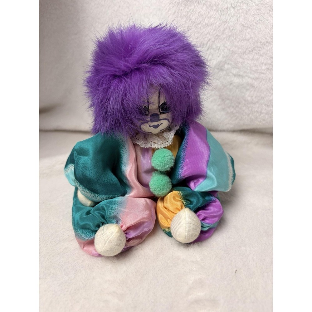 Vintage 1980s Q-Tee Clown Doll Purple Hair Sand Body Jumpsuit Hand Painted Tags